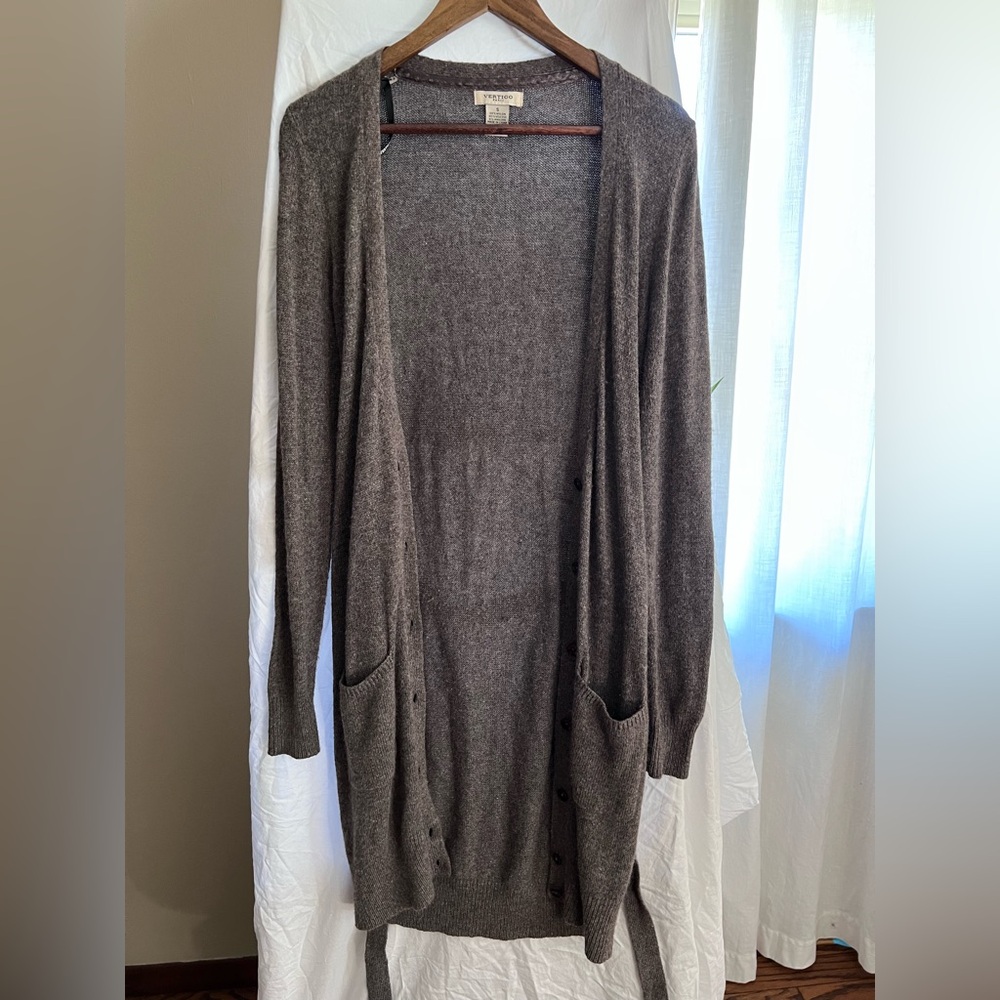 Vertigo Paris Long Grey Button Front Cardigan with Pockets